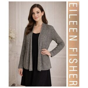 Eileen Fisher Black White 100% Organic Linen Open Front Cardigan Sweater L